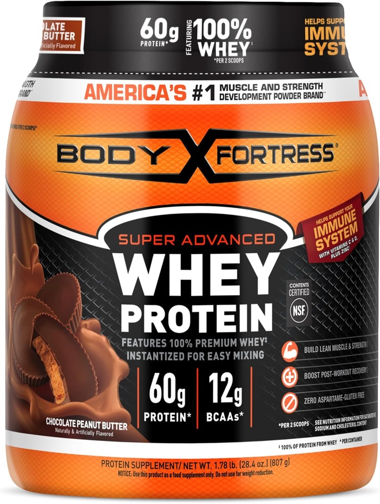 身体堡垒 100% Whey, Premium 蛋白粉,巧克力花生酱,1.78磅(包装 May Vary)