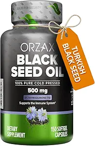ORZAX 黑种子油冷压100% 纯 | Non-GMO – 富人 Omega 3 6 9 & Thymoquinone | Black Cumin Nigella Sativa 油用于免疫支持,发型,皮肤,面部(150软胶卡普尔)
