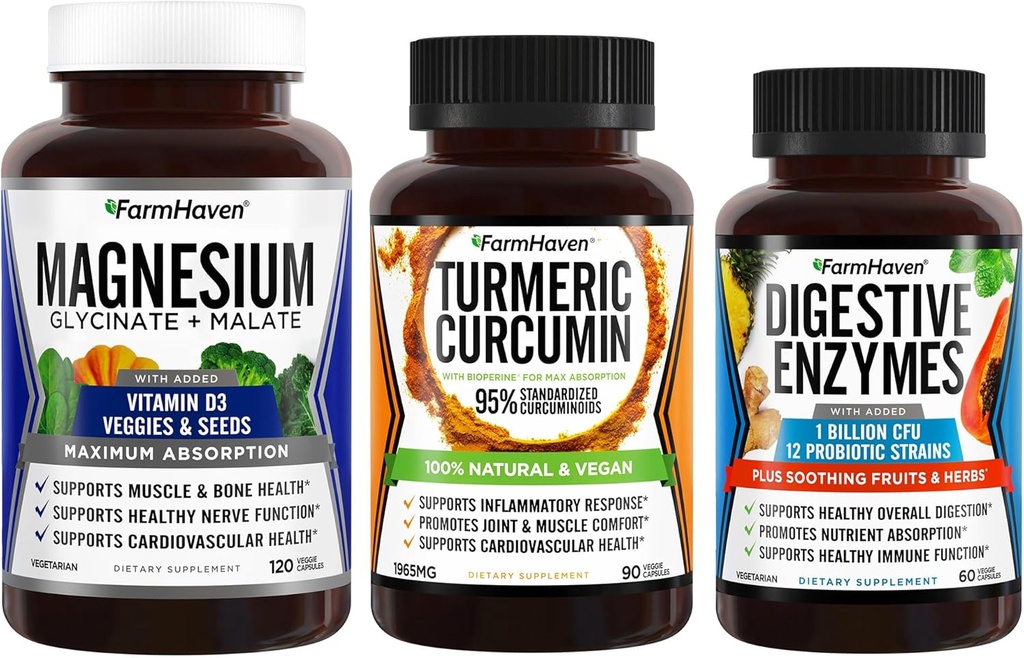 FarmHaven Glycnate & Malate Complex w/维生素D3 & Turmeric Curcumin 配有生物牡蛎黑辣椒和消化酶,配有18种Probiotics & Herbs