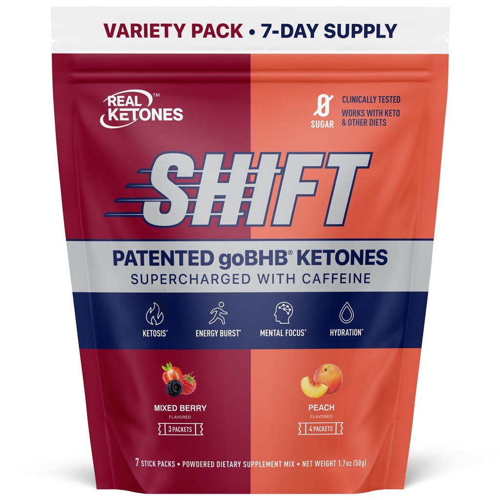 真正的 Ketones BHB 外源 Ketones 饮用 Mix Packets Keto 电解片 Powder Packets 无糖 配有 4 主快快电解片 Plus 水解 专利 Keto BHB - 7 Count Peach, Mix Berry