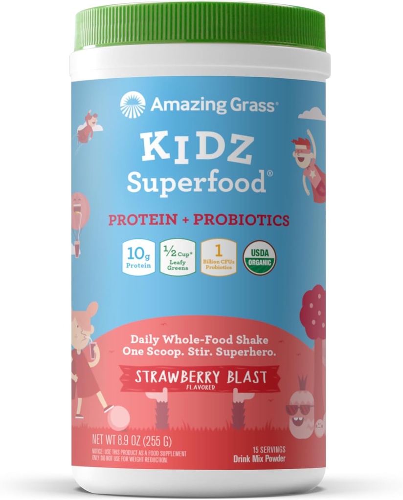 奇异草 Kidz 超级食品:Vegan 蛋白质 & Probiotics for Kids with Beet Root Powder & 1/2 Cup of Leafy Greens,草莓爆破, 15 services