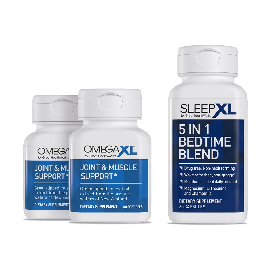 OmegaXL联合救济补充——天然肌肉支持,60 Softgel(2 Pack) & SleepXL 即时释放melatonin,L-Theanine (Calming),Chamomile,Magnesium & B6 (60 Vegan Capsules)