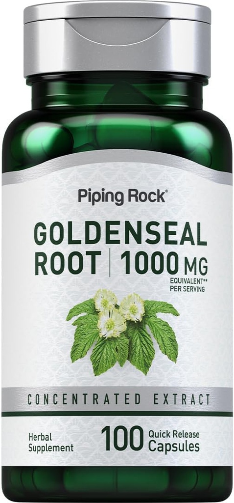 (原始内容存档于2018-10-09). Piping Rock 金色根 capsules 1000mg \ 100 Pills \ 草药补充 \ \ 专注摘录 \ 非GMO, Gluten Free