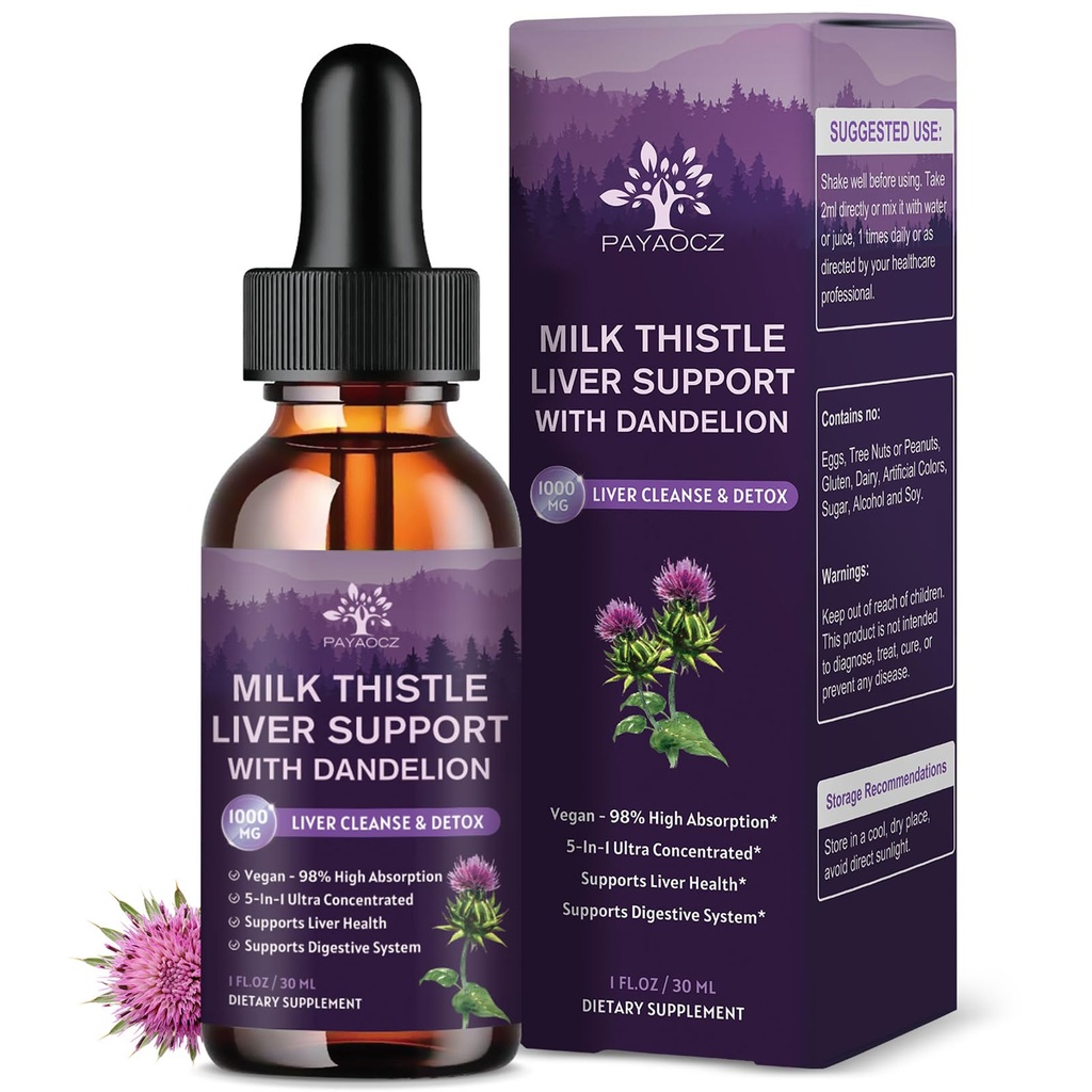 (4 Pack) 牛奶 硝酸盐液滴 Silymarin 1000mg, Liver Supplement Detox & Cleanse with Dandelion & Artichoke, 牛奶 硝酸盐有机提取物, 用于支持修复肝脏健康, Vegan, 非 GMO, 1 Fl Oz