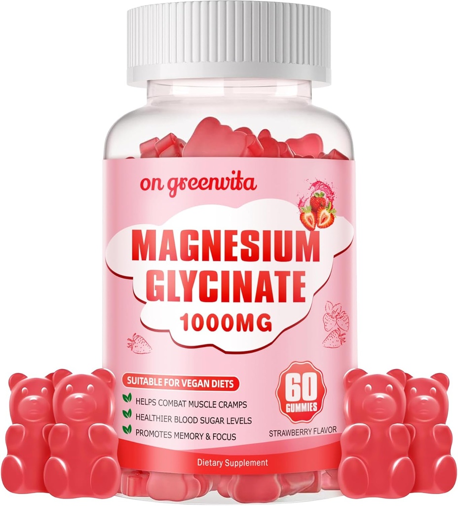 甘化镁 1000mg - 无糖镁 钾补充剂,配有维生素D, B6, CoQ10 用于镇静Mood & Sleep Support - 60 Strawberry Gummys