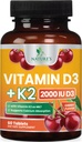 维生素D 2000 IU 50mcg 每块药片 - 维生素D3 & K2(MK7) 复合剂补充 骨,牙齿,肌肉,钙吸收,支持Immune和心脏健康,可嚼配方 美国瓶装 - 60块药片