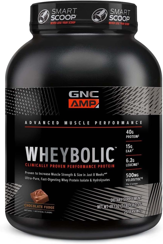 GNC AMP Wheybolic 临床上检测蛋白粉,40gWhey蛋白,BCAA,Leucine, 增强肌肉力量,肌肉建筑, 3党测试,Gluten Free, Cocolica Fudge, 25位服务员