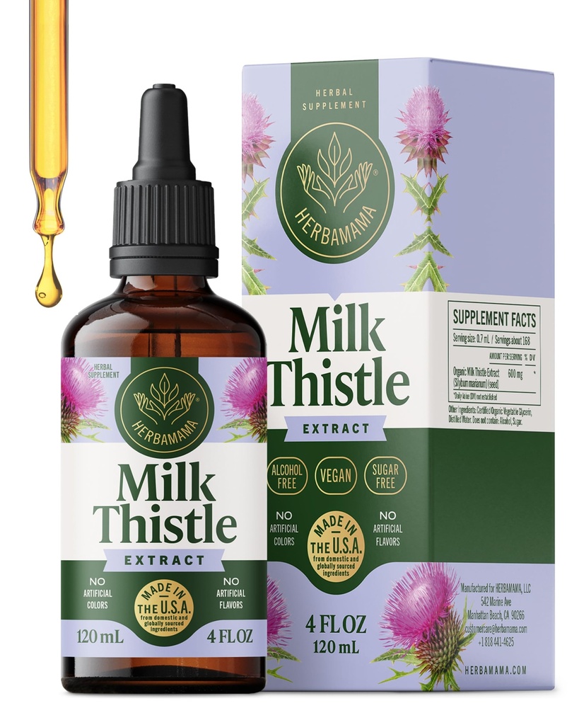 HERBAMAMA Milk Thetle Supplement for Liver Detox – Liver Support Supplement – 包含 Silymarin – Vegan, Non-GMO,酒精和无糖,56日供应