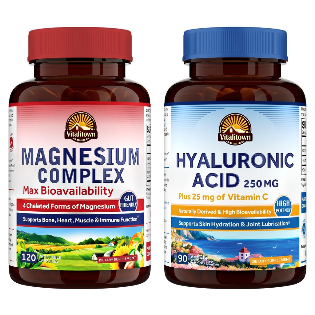 Vitalitown Magnesium + Hyaluronic酸 Bundle| 镁复合体(项目1) & Hyaluronic酸+维生素 C(项目2) → 120 镁胶囊 和 90 Hyaluronic酸胶囊