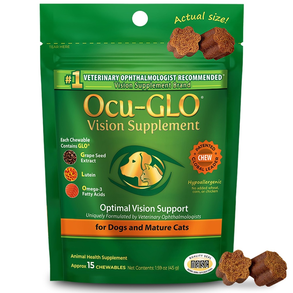 Ocu-GLO猫狗支持高级补充剂-可食用Vitamins 配有Lutein,Omega-3脂肪酸,葡萄种子提取剂和抗氧化剂的大型和小型宠物护理补充剂