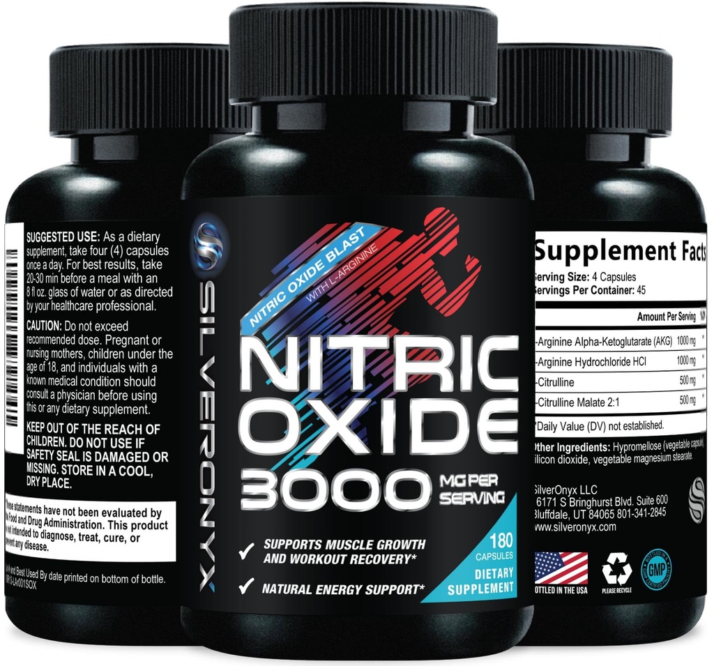 超强氮氧化物补充剂 3X 强力 L Arginine, Citrulline Malate, AAKG, Beta Alanine - Premium Muscle 支持硝化氮促进剂 - 自然能源和心脏健康支持 - 180 Capsules