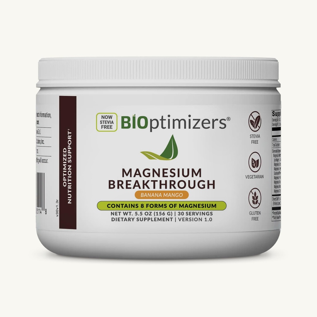 BIOptimizers Magnesium Breakthrough Drink - 8 Forms of Magnesium, Electrolytes, Sleep Health, Stress, Muscle Recovery, Heart Support | Glycinate, Citrate, Malate- Banana Mango
