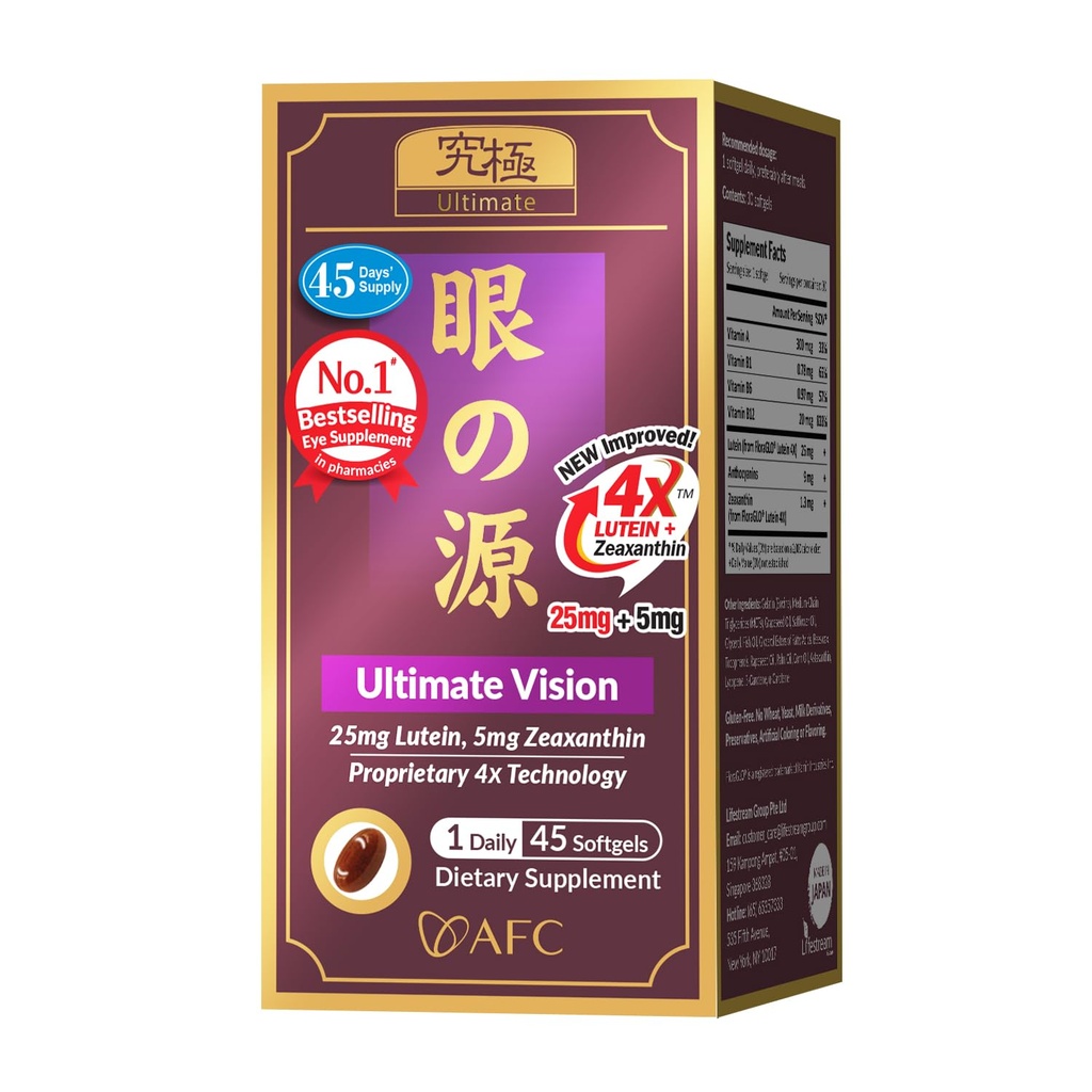 AFC Japan Ultimate Vision 4X - 改进型,与Lutein 4X, Zeaxanthin, Bilberry 提取器和维生素用于与年龄相关的眼疾, Blury & poor Vision, Dry Eye, Macular Health 45s 相配.
