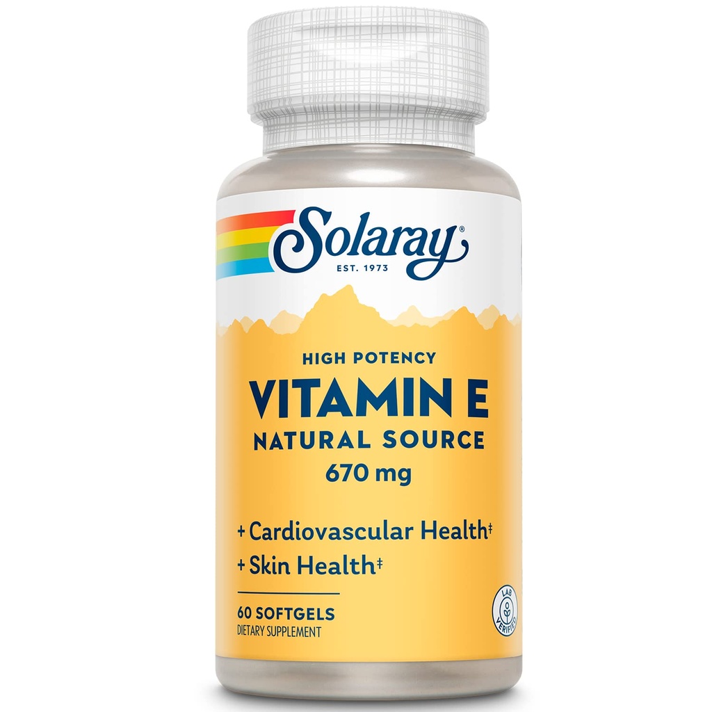 SOLARAY Vitamin E 1000 IU Softgel Capsules, 670 mg - d Alpha Tocopherol Vitamin E Supplements - Skin Health, Heart Function and Antioxidant Support - 60-Day Guarantee - 60 Servings, 60 Softgels
