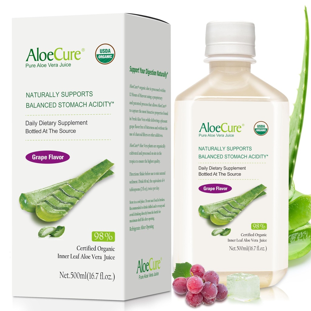 AloeCure USDA Organic Aloe Vera Juice Grape Flavor, Made Within 12 Hours of Harvest - Pure Aloe Vera Digestive & Immune Health Supplement, Helps Maintain Balanced Stomach Acidity, 16.7oz Bottle