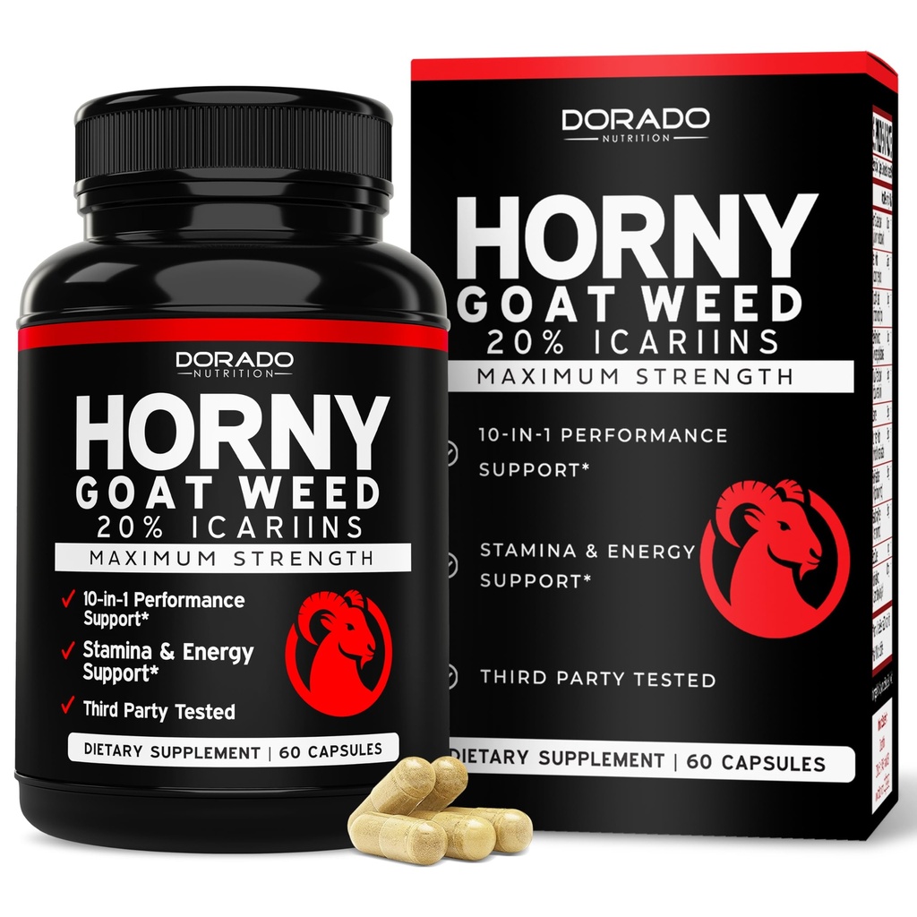 Horny Goat Weed for Men and Women - [20% Icariins Max strong] - Stamina, 耐力,流通,联合和后援 - 马卡根, Ginseng, Yohimbine, Tribulus, L-Arginine - 美国制造 - 60 计数