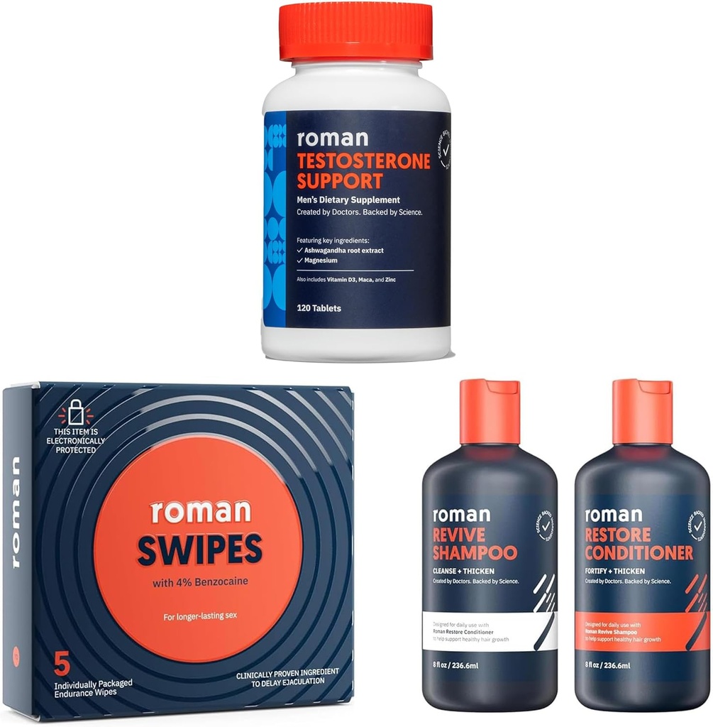 ROMAN Men's Wellness Bundle QQ Testosterone Support Supports, Stamina的快动作速递,以及Thicker-Looking Hair的续作Shampoo和附加条件者Duo 完全的男性护理包