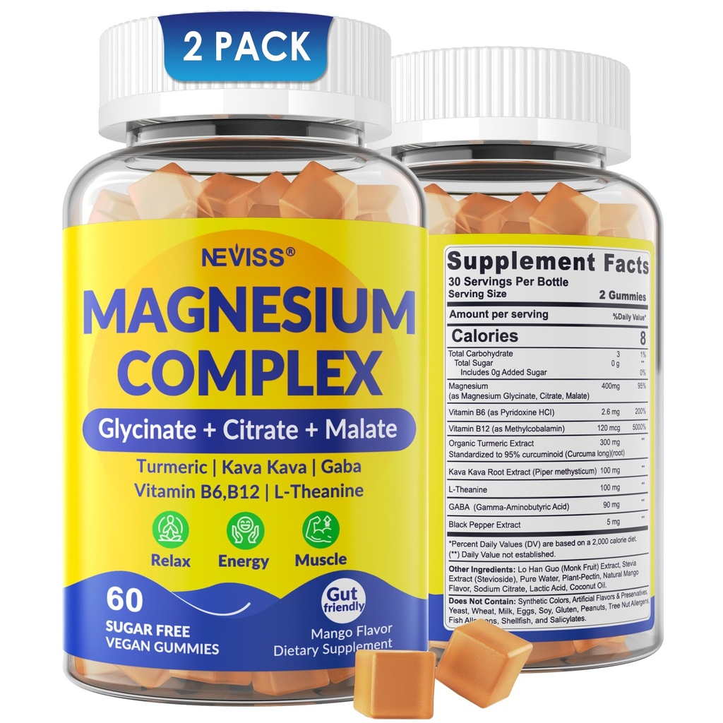 复合镁400mg,Magneisum Glycinate Citate Malate + Turmeric, GABA, B6 B12, Kava Kava, L-Thenine for Sleep, calm, relaxion, Energy, Magneisum Gummys for Women Men, Vegan, 2 Pack