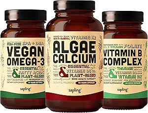 Algae Calcium & Vegan Omega 3 & Vitamin B Complex Bundle - Calcium Supplement from Red Algae, Plant Based DHA & EPA Fatty Acids, Essential B Vitamins