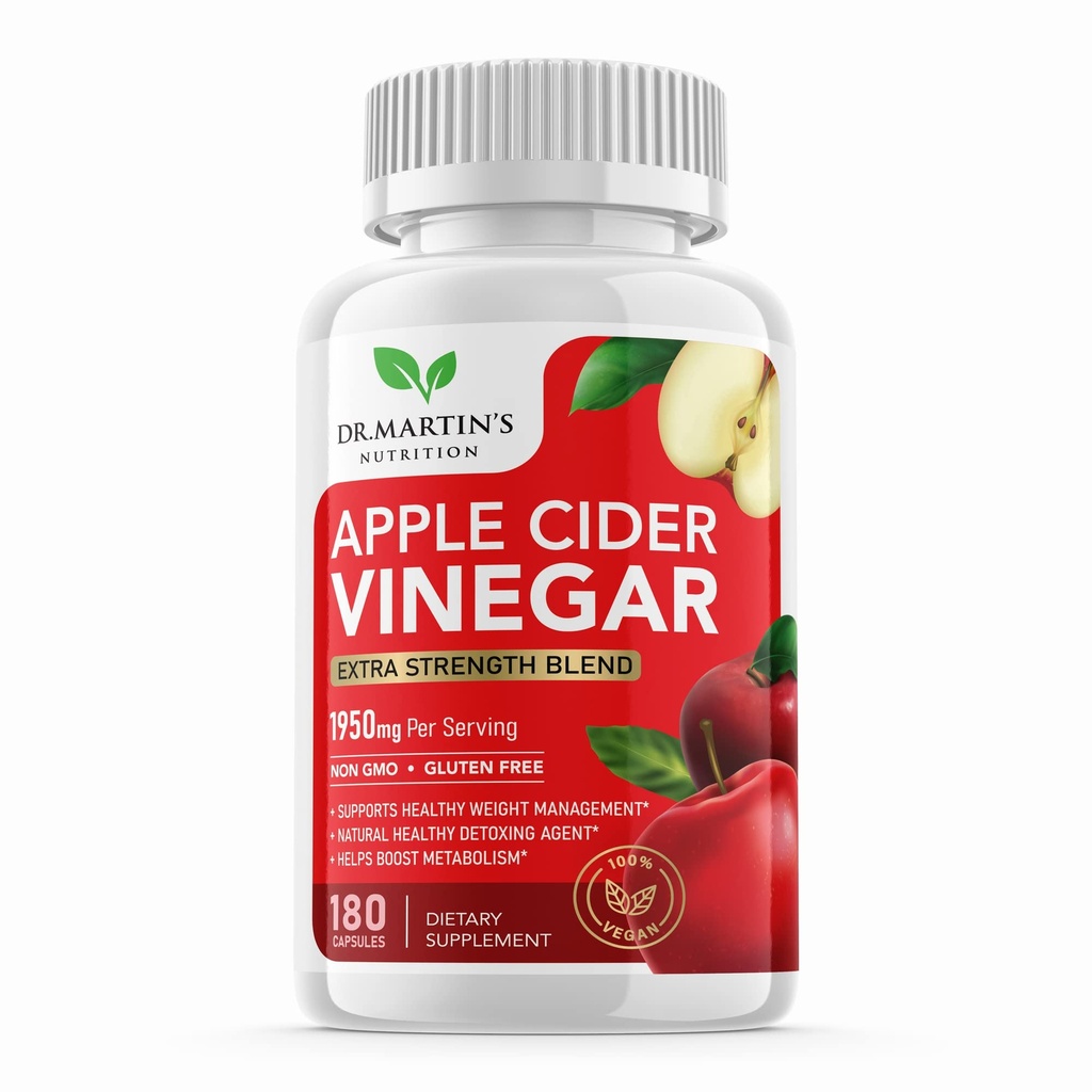 Pure 1950mg Apple Cider Vinegar Supplement | 180 Capsules | No Sour Taste | Pills for Healthy Metabolism, Bloating & Energy | Detox & Digestion Support| Non-GMO, Gluten Free | 100% Natural & Raw