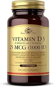 Solgar Vitamin D3(Cholecalciferol) 25 MCG (1000 IU), 250 软胶 - 帮助维持健康骨骼和牙齿 - 免疫系统支持 - 非GMO, Gluten Free, Dairy Free - 250 services