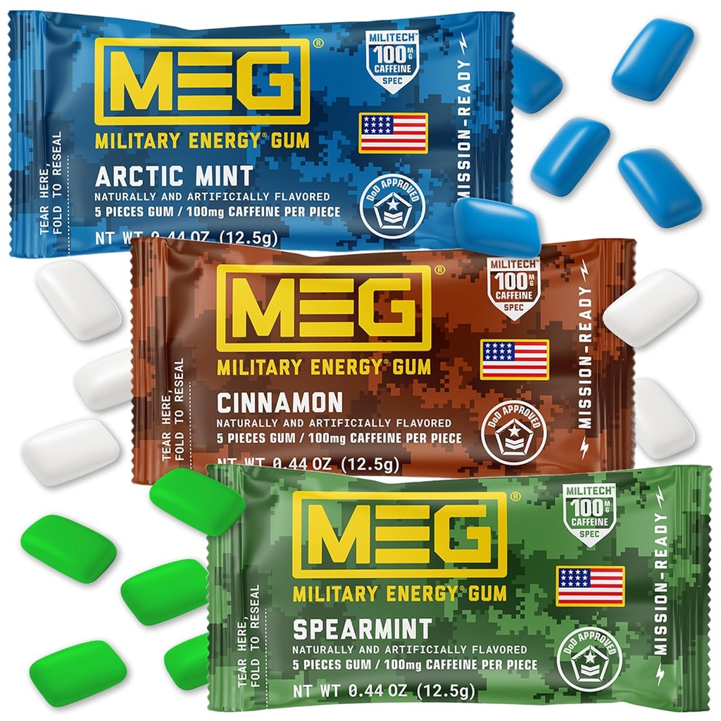 MEG Gum - 军用能源 Gum - 每块100mg的咖啡因 - 15件样品包 - 能量和焦点促进表演