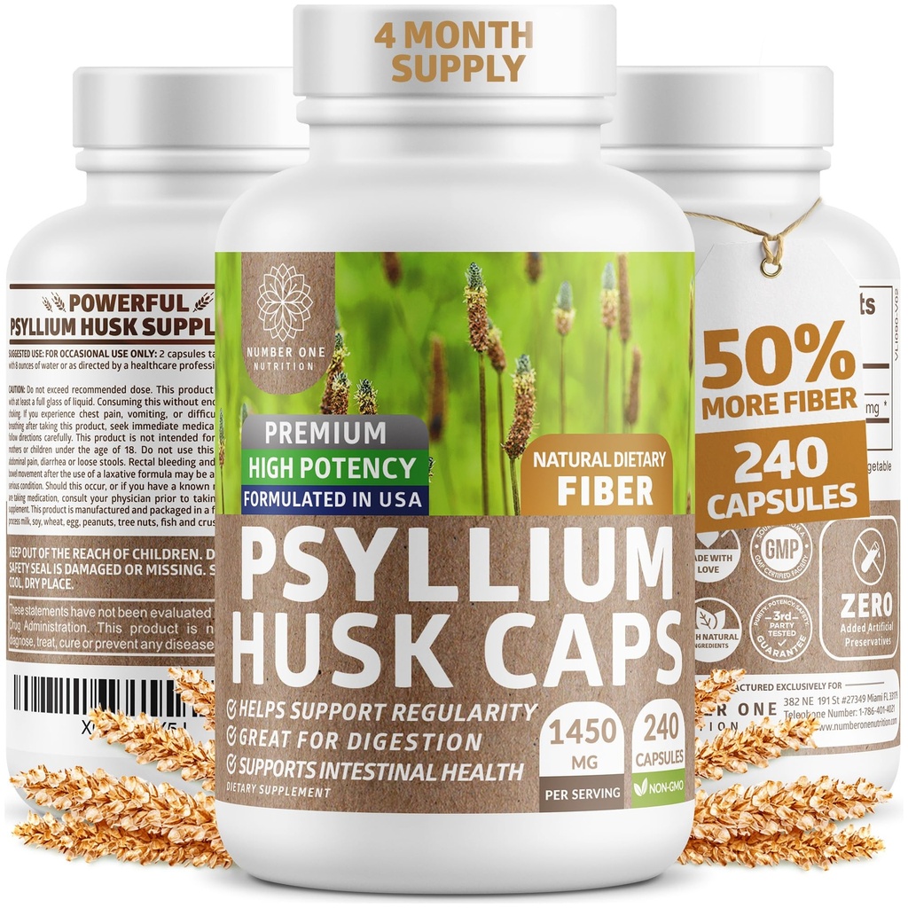N1N Premium Psyllium Husk Capsules [全天然,1450 MG] 强大的可溶性纤维补充剂,支持规律性和消化性健康,240 Caps
