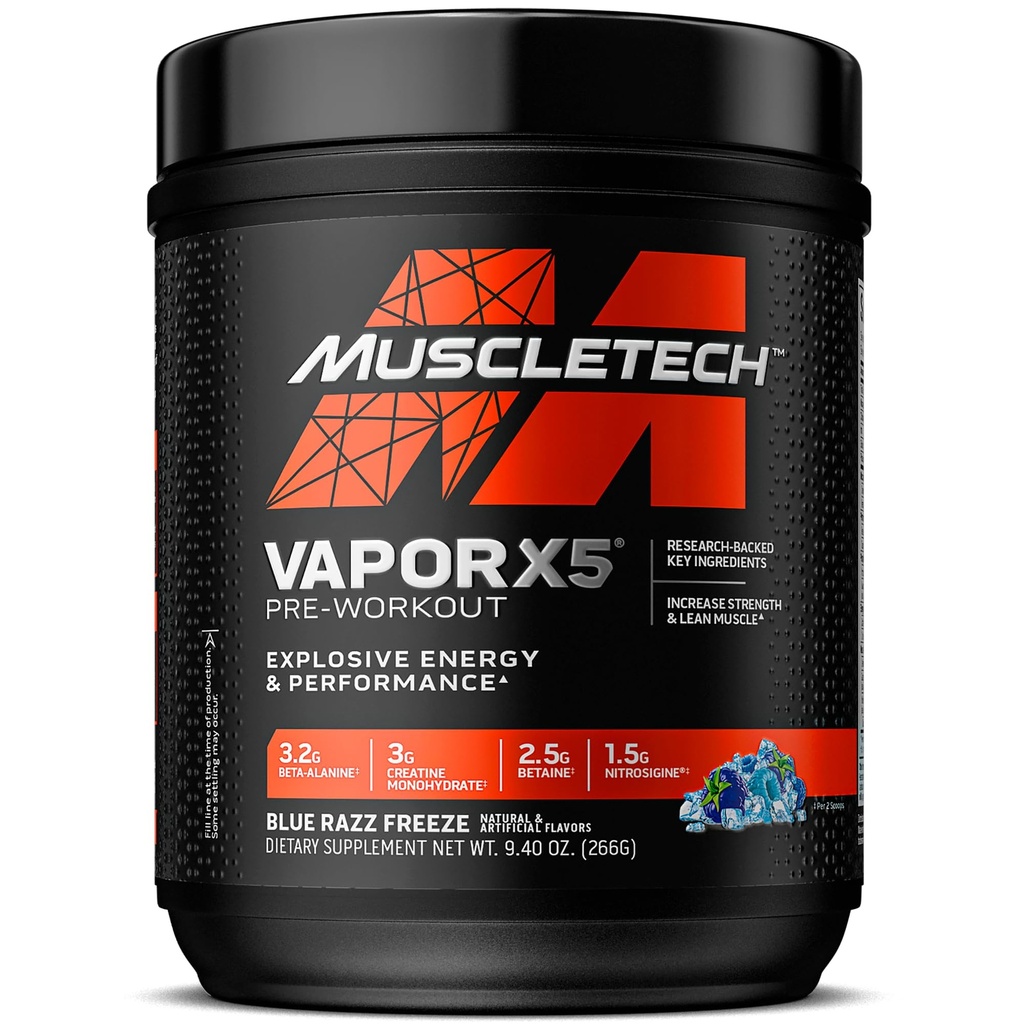 MuscleTech Pre-Workout Powder, Vapor X5 - Sports Nutrition Muscle Building Supplements for Women & Men - Intense Muscle Pump Energy Powder Drink Mix - Blue Razz Freeze, 266g (30 Servings)