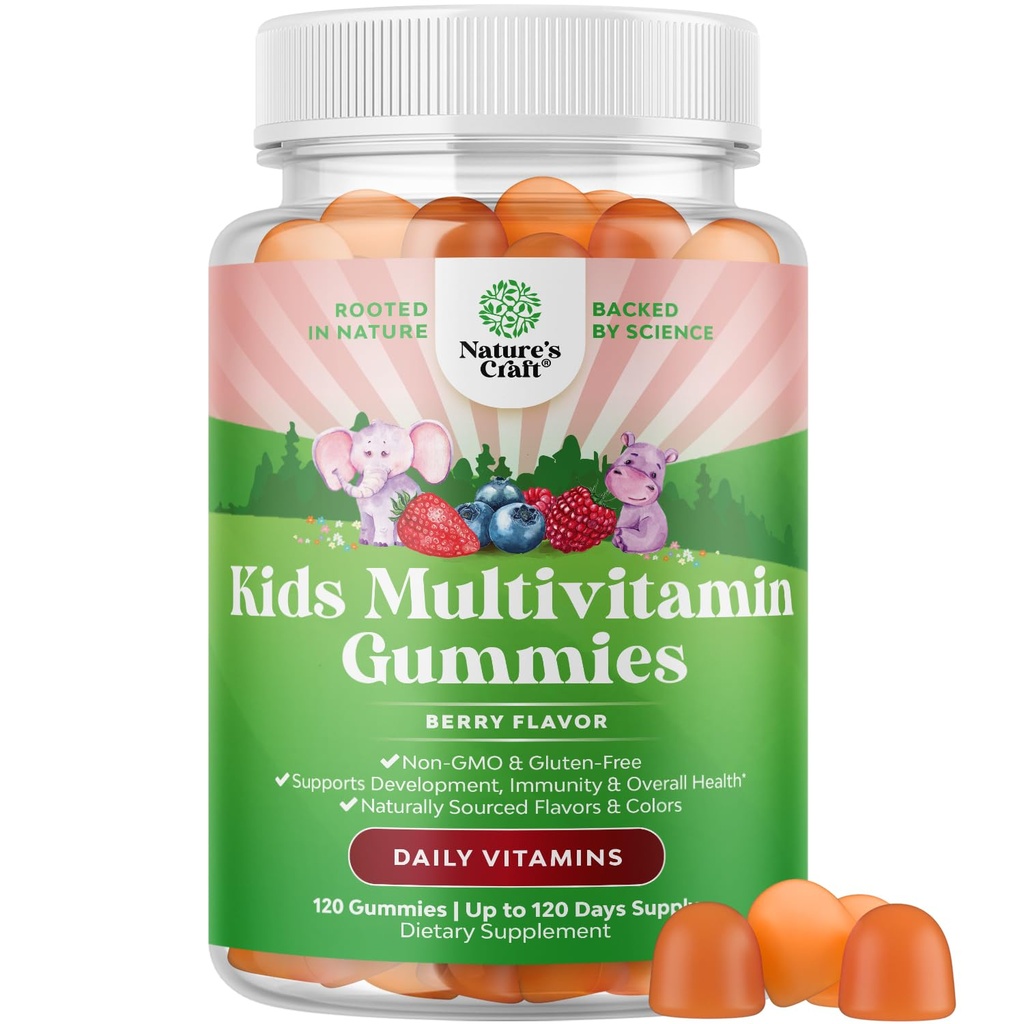 USDA 有机儿童多维塔明 Gummys - Vegan 有机多维塔明 用于儿童 2+ 14种基本维生素和矿物 - Daily Gummy 多维塔明s Vegan Nut Free & Non-GMO (120 Counter)