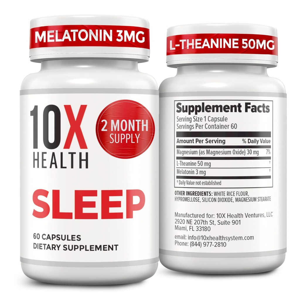10X 成人健康睡眠补充剂 - 60 Capsules - Melatonin 3mg, L Theanine, 镁补充剂, 远处氧化镁, 更好的休息和放松 - 3-in-1 自然睡眠支持