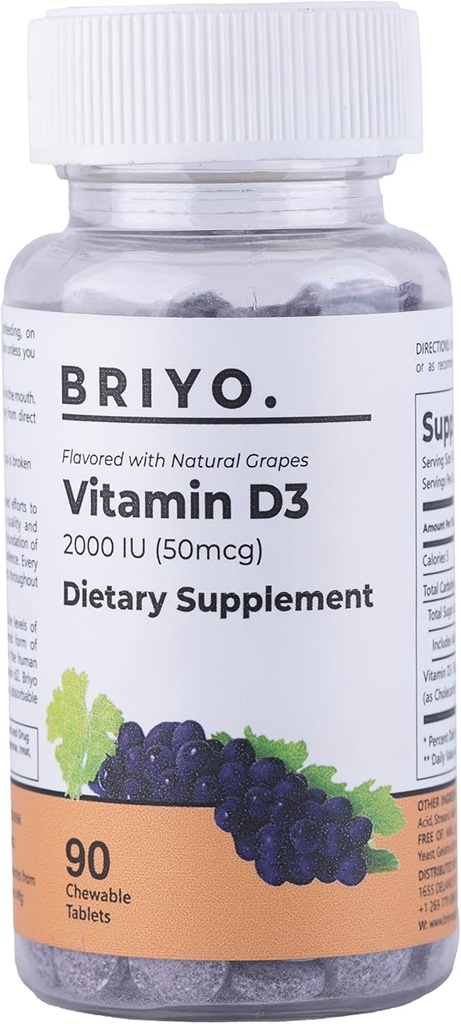 Briyo Vitamin d3 可嚼药片 - 2000 IU(50 mcg per service) - 美味的天然葡萄酒 Flavor, 90 Counter