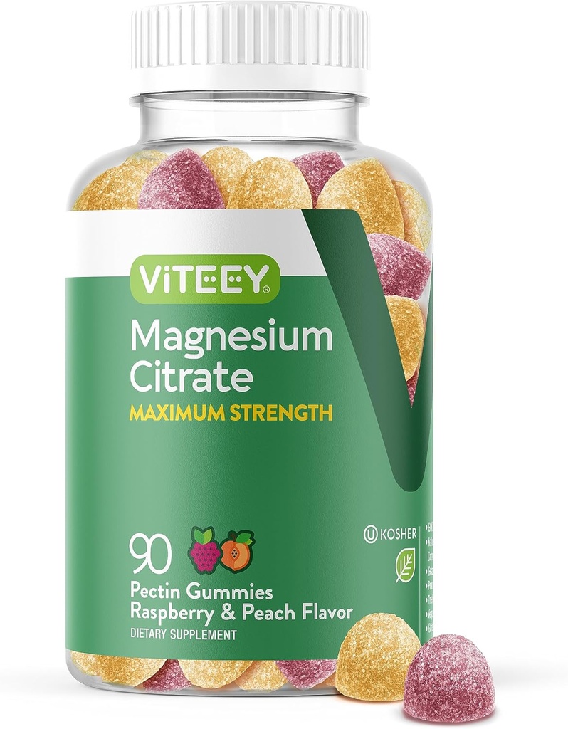 VITEEY 成人镁(Gummys) - 255mg的镁 Citrate Gummy for calm, Sleep, Nerve & Muscle 函数支持 - Vegan, Gluten Free - 90 Counter