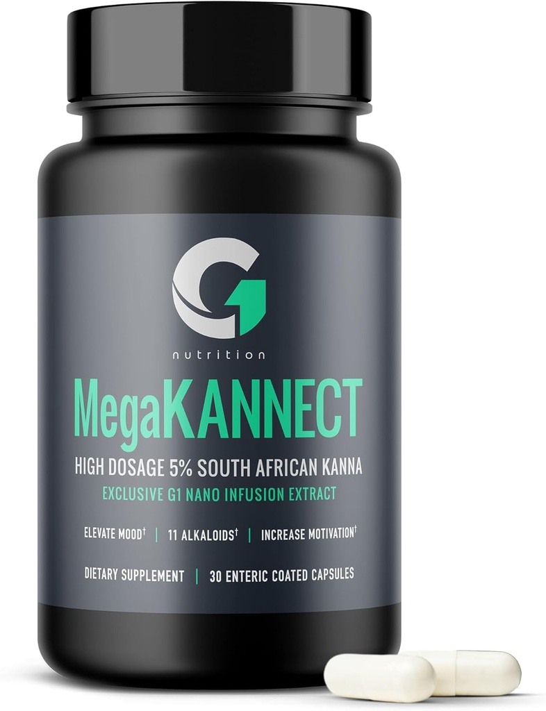 Mega Kannect Capsules, 5%为Kanna Alkaloid | Elevates Mood, Boosts 能量水平, 增强精神清晰度 | Sceletium Tortuosum 每日男女补编(30个计数)