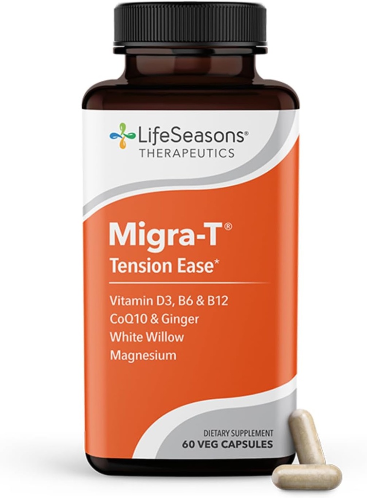 LifeSeasons Migra-T 配有 Relive-R PM - Migraine 预防和救济补编 - 支持严重头痛 - 降低轻声和奥多灵敏度 - Feverfew, White Willow, Magnesium Ginger & CoQ10