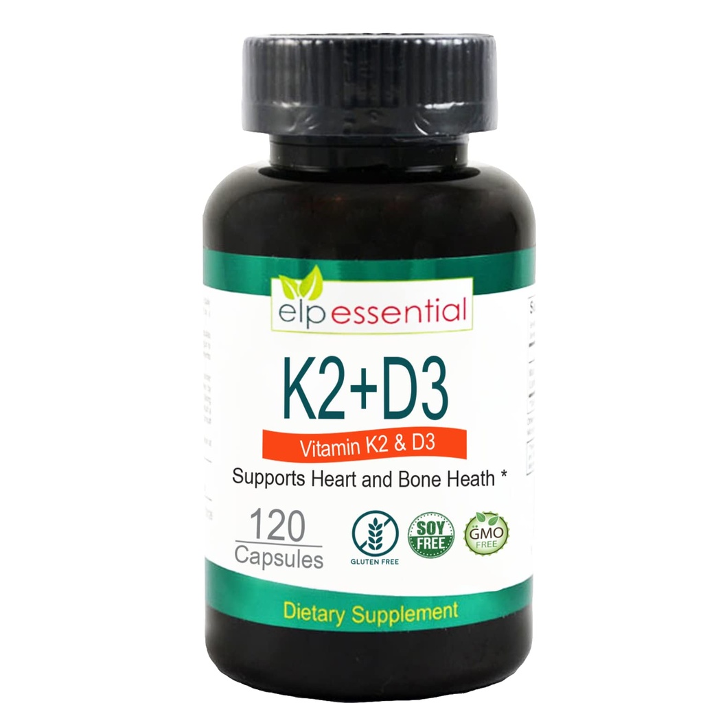 ELP ESSENTIAL 维生素 K2 配有 D3 补充骨和心脏健康, Capsules K2+D3 维生素 120 Capsules