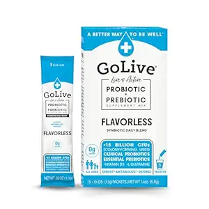 GoLive Prebiotic & Probiotic for Women, Men, Kids. (原始内容存档于2019-09-04). GoLive Prebiotic & Probiotic for Men, Men, Kids. Flavor-Free,无糖,共生粉w/GOS,L-Glutamine,维生素D3,电解质. 对于古特健康,文摘,代谢,豁免 15-50B CFUs.
