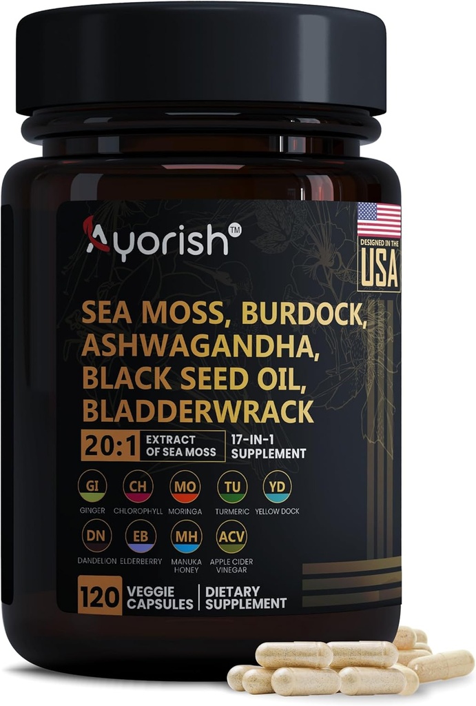 海摩斯卡普苏尔 30:1 高强度 6000mg 等效人 黑种子油 Ashwagandha 姜卡普苏尔斯 涡轮 摩林加 Bladderwrack Burdock Root 玛努卡 蜂蜜 肉桂 120 计数