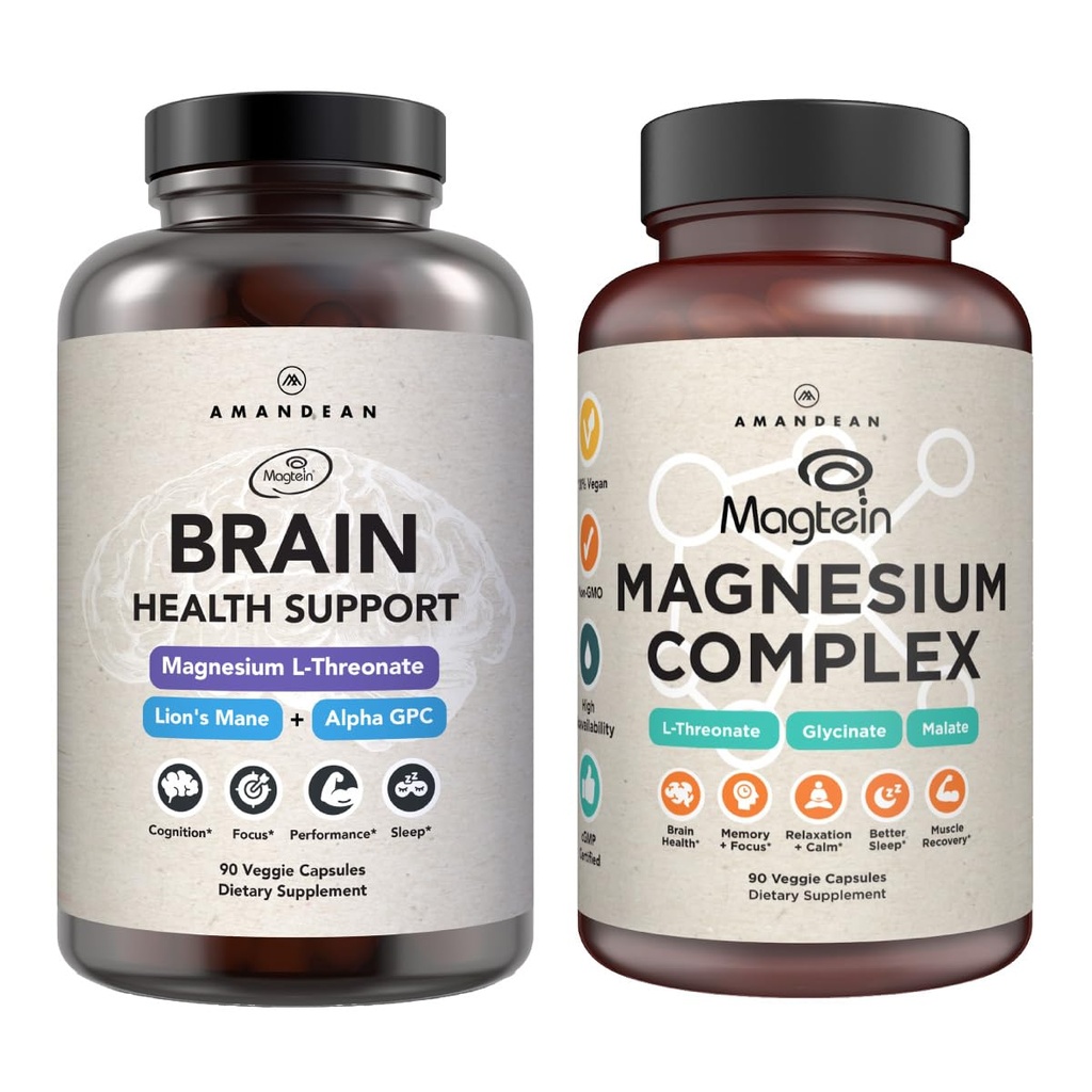 AMANDEAN Premium Brain & Magnesium Bundle:高吸附性镁L-Threonate,Glycnate & Malate, USA-Grown Organic Lion's Mane 6:1 提取物,和 Alpha-GPC. 支持认知健康、焦点和睡眠