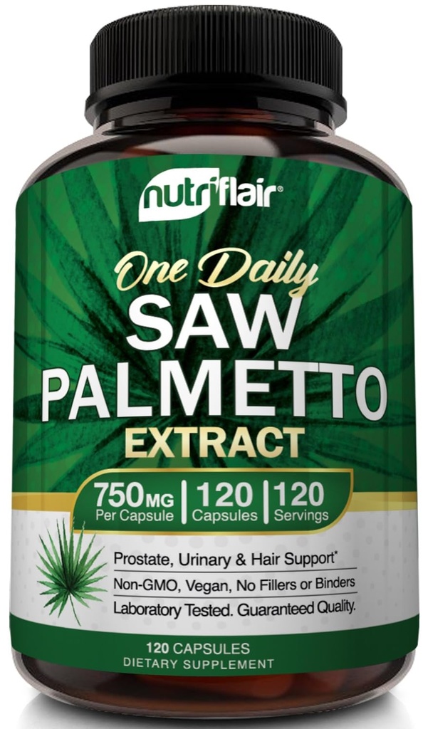NutriFlair Saw Palmetto 抽取750mg, 120 Capsules - 天然前列腺补充剂和Berry健康支持 - 帮助区块DHT 防止头发丢失和帮助减少经常尿液,面向妇女和男子