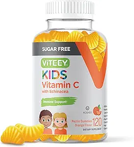 Viteey Kids Vitamin C Gummys 75mg, 配有 Echinacea - 无糖 - 对孩子的免疫支持, Toddlers, & Teens - Vegan, Gelatin Free, Gluten Free, GMO Free - Tasty Orange Flavored Gummy (英语:Gummy)