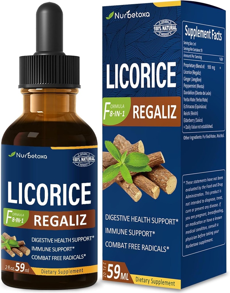 Licorice Root Extract Drops for Digestive Health, Natural Herbal Bloating Relief and Immune Support Liquid Tincture Supplement with Dandelion, Peppermint, Ginger. extrato de Regaliz. 2oz