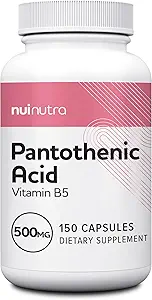 NUI NUTRA Pantothenic酸(维生素B5) 补充500mg,150 capsules - 支持能量,焦点,消化系统,以及健康皮肤