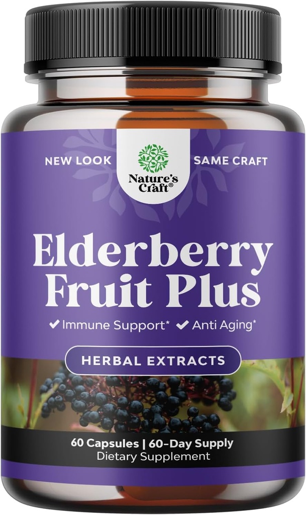 Black Elderberry Capsules 抗氧化剂补充剂 - 配有皮肤维生素和Sambucus提取剂的老年莓免疫支持皮肤补充剂 - 免疫系统支持