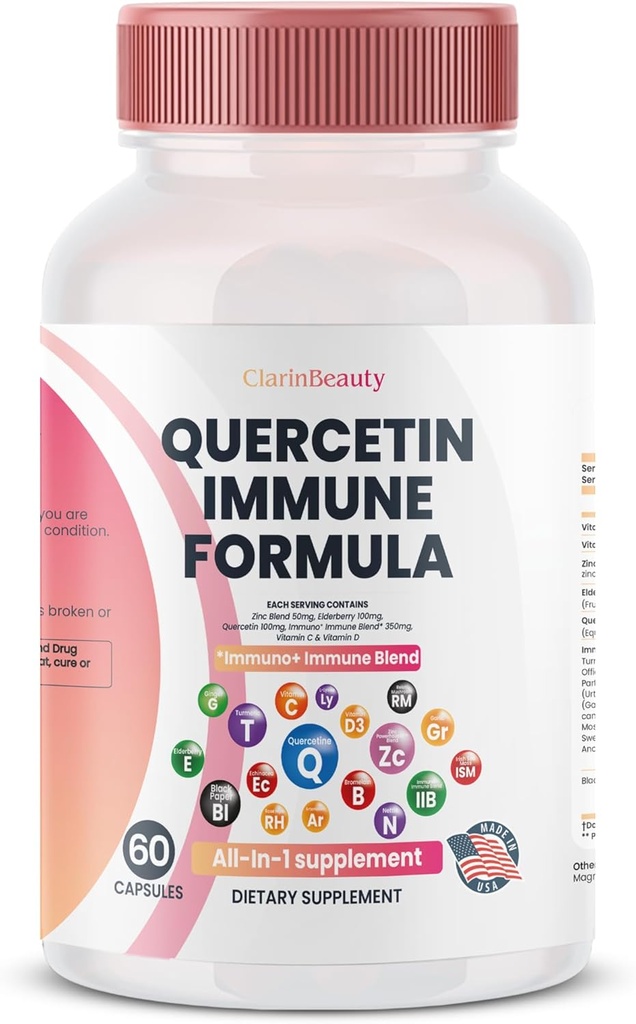 富含青蒿素、海蚊、甘蓝、艾奇纳西亚的ClarynBeauty Quercetin 1000mg 锌 50mg 维生素C 1000mg 维生素D 5000 IU Bromelain Elderberry & 350mg 的免疫防御支助补编