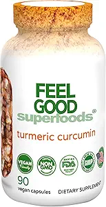 Feel Good Superfoods 1000 mg Turmeric Crucumin Capsules, 以95% Crucumin 提取和黑色胡椒提取法加固, 90 Counter