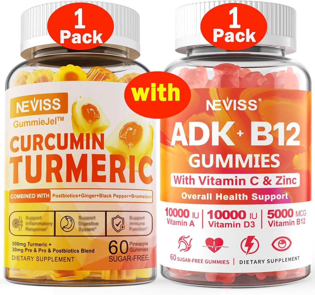 1Pack Turmeric Curcumin 填充Gummys+ 1Pack维生素ADK 填充B12 Gummys