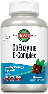 KAL CEARNZYME 维生素B 复合体,可嚼B 维生素用于健康能源,红血球和神经功能支持w/维生素B12,B6,叶酸,天然可可薄荷,维干,无糖,30 Serve,60ct