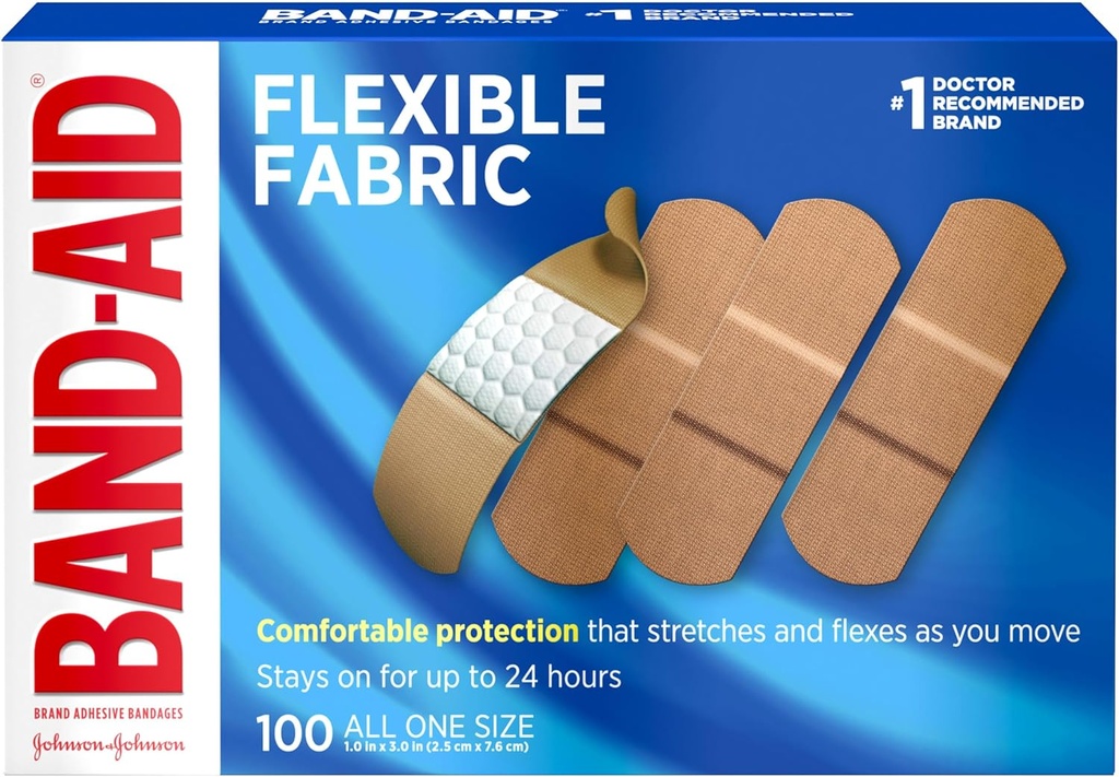 Band-Aid Brand Flexible Fabric Sterile Adhesive Bandages, Comfortable Cushioned Wound Care & Protection for Minor Cuts, Scrapes & Burns, First Aid, Hurt-Free Comfort Pad, One Size 1x3 In, 100 Count