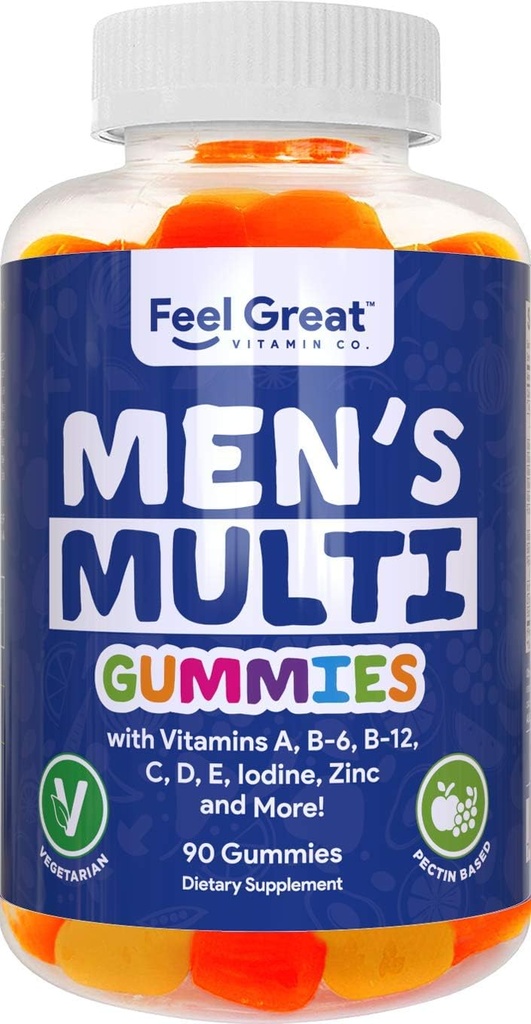 Feel Great Vitamin Co. Men's Multivitamin Gummys, 包装有维生素A,B-6,B-12,Biotin,C,D3,E,碘,叶酸,锌. 美国制造。 45天供应