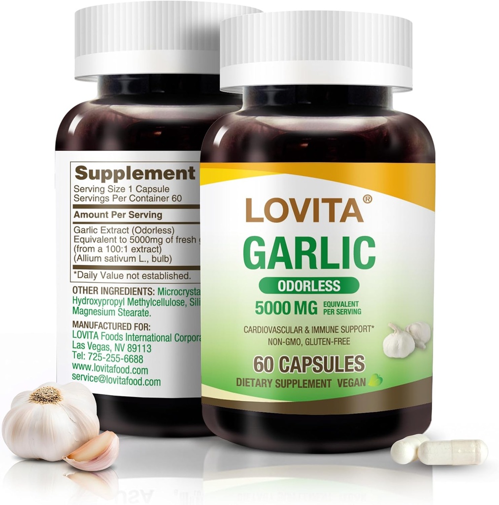 Lovita 无奥多力大蒜笼盖,5000mg新鲜大蒜笼盖,1.25% Allicin 提取,支持心脏,血压,胆固醇和免疫系统,非GMO,Gluten-Free,60 Vegan Capsules